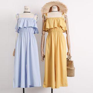 Sleeveless Wide-leg Ruffled Jumper Pants