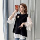 Set: 3/4-sleeve Blouse + Plain Vest