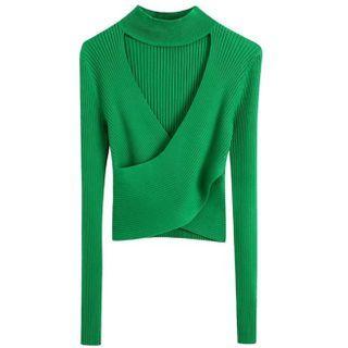 Mock-neck Crisscross Ribbed Knit Top