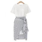 Set : Plain Short-sleeve T-shirt + Pinstripe Skirt