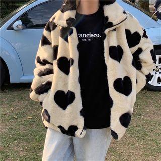Heart Fleece Oversize Jacket Milky White - One Size