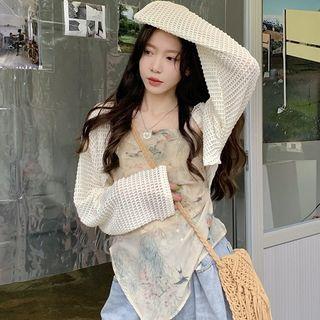 Asymmetrical Print Camisole Top / Pointelle Cropped Cardigan