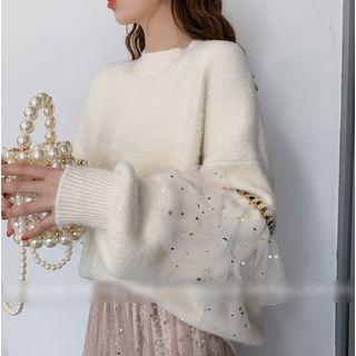 Mesh Trim Mock-turtleneck Sweater