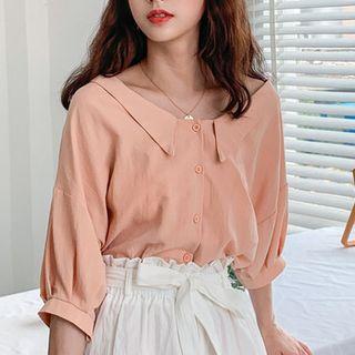 Round Neck Elbow-sleeve Blouse