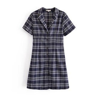 Short-sleeve Plaid Mini A-line Shirtdress