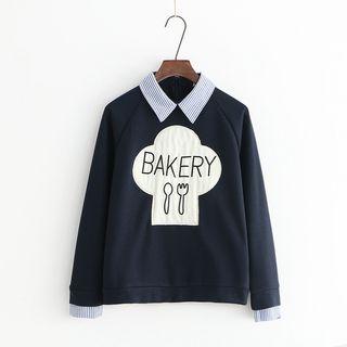 Striped Panel Applique Collared Pullover