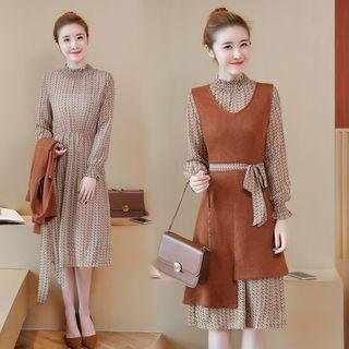 Set: Long-sleeve A-line Dress + Asymmetric Pinafore Dress