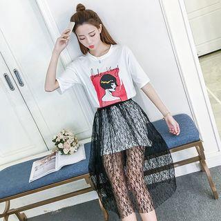 Set: Print Short-sleeve T-shirt + Mesh Midi Skirt
