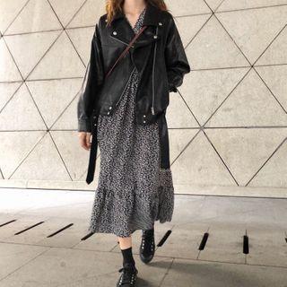 Faux Leather Zip Jacket / Floral Print Dress