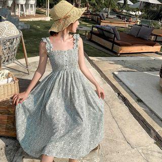 Sleeveless Floral A-line Midi Dress / 3/4-sleeve Frill Trim Light Jacket