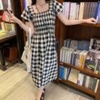 Short-sleeve Gingham Midi A-line Dress / Blouse