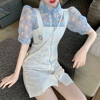 Short-sleeve Floral Print Blouse / Mini A-line Jumper Dress