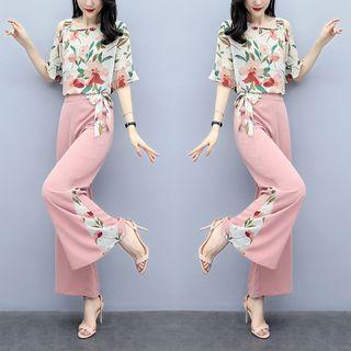 Set: Flower Print Cold Shoulder Elbow-sleeve Top + Wide-leg Pants