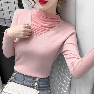 Mock-neck Shirred Panel Knit Top