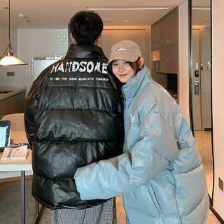 Couple Matching Lettering Padded Faux Leather Zip-up Coat