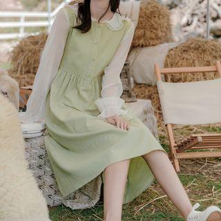 Flared-cuff Paneled Midi A-line Dress Green - One Size
