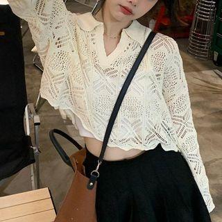 Collar Pointelle Knit Cropped Sweater Off-white - One Size