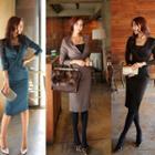 Long-sleeve Knotted Front Sheath Dress