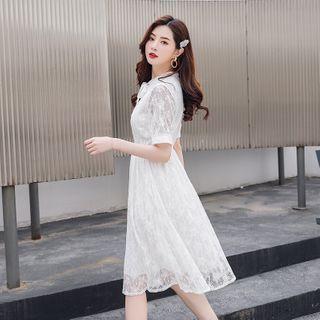 Short-sleeve Tie-neck Lace A-line Midi Dress