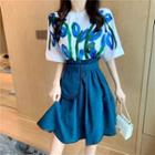 Short-sleeve Flower Print T-shirt / High-waist A-line Skirt