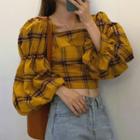Plaid Puff-sleeve Cropped Blouse