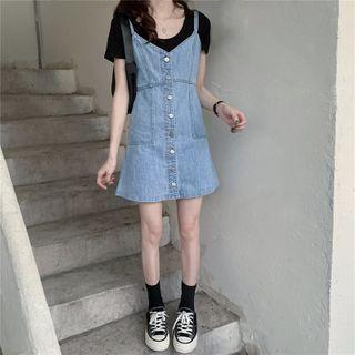 V-neck Buttoned Sleeveless Denim Mini Dress