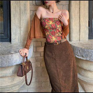 Mesh Cardigan / Floral Tube Top / Slit Skirt
