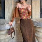 Mesh Cardigan / Floral Tube Top / Slit Skirt