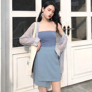 Plain Tube Top / Sheer Striped Long-sleeve Shirt / Plain A-line Skirt