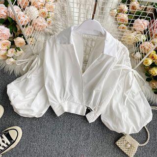 Open-back Puff Sleeve V-neck Cropped Blouse