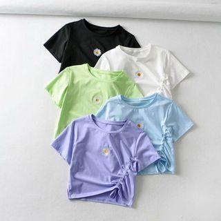 Flower Embroidered Drawstring Cropped T-shirt