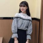 Crochet Lace Panel Striped Blouse