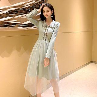 Contrast Trim Mesh Overlay Midi Dress