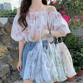 Off-shoulder Tie-dye Puff-sleeve Top