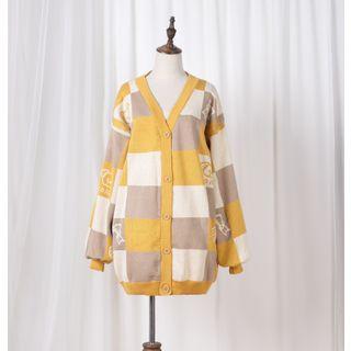 Bear Patterned Plaid Buttoned Cardigan As Shown In Figure - One Size