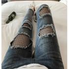 Fishnet Panel Ripped Slim Fit Jeans