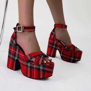 Plaid Ankle-strap Platform Chunky-heel Sandals