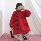 Long-sleeve Mandarin Collar Chinese Knot Button Dress Red - One Size