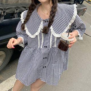 Long-sleeve Wide Collar Gingham Check Smock Dress Blue & White - One Size