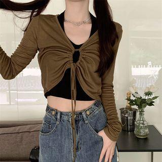 Set: Long-sleeve Drawstring Crop Top + Halter Top