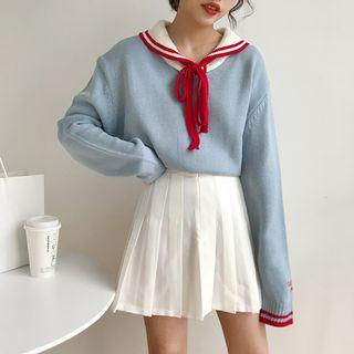 Contrast Trim Bow Detail Long-sleeve Knit Top