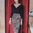 Set: Long-sleeve V-neck Top + Leopard Print Slit-side Pencil Skirt
