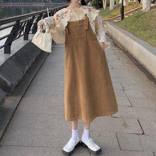 Floral Embroidered Peter Pan Collar Long-sleeve Shirt / Corduroy Pocket-detail Jumper Skirt