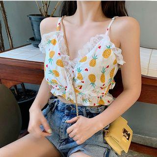 Spaghetti Strap Lace Trim Pineapple Print Cropped Top As Shown In Figure - One Size
