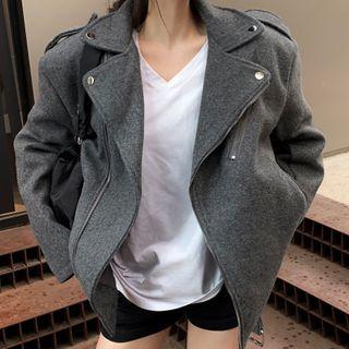 Lapel Zipped Jacket Gray - One Size