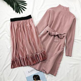 Set: Mock-neck Dress With Sash + Velvet Skirt
