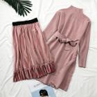 Set: Mock-neck Dress With Sash + Velvet Skirt
