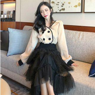 Color-block Buttoned Top / Mesh Skirt