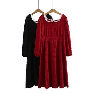 Square Neck Lace Trim Long-sleeve Midi Dress