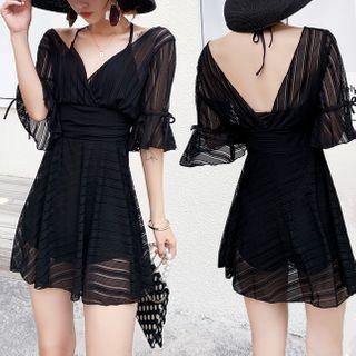 Elbow-sleeve Striped Mesh Swimdress